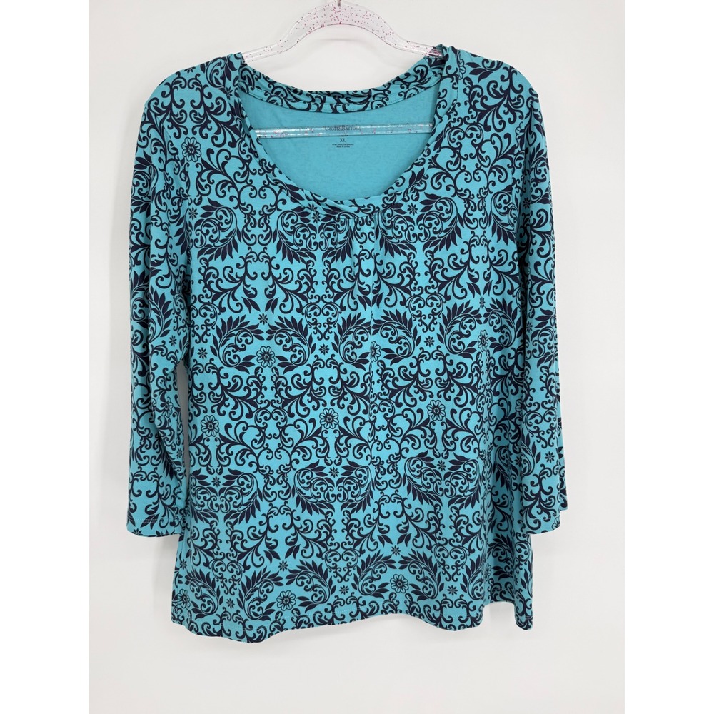 Croft & Barrow Womens Turquoise Blue Damask Scroll 3/4 Sleeve Stretch Top Sz XL